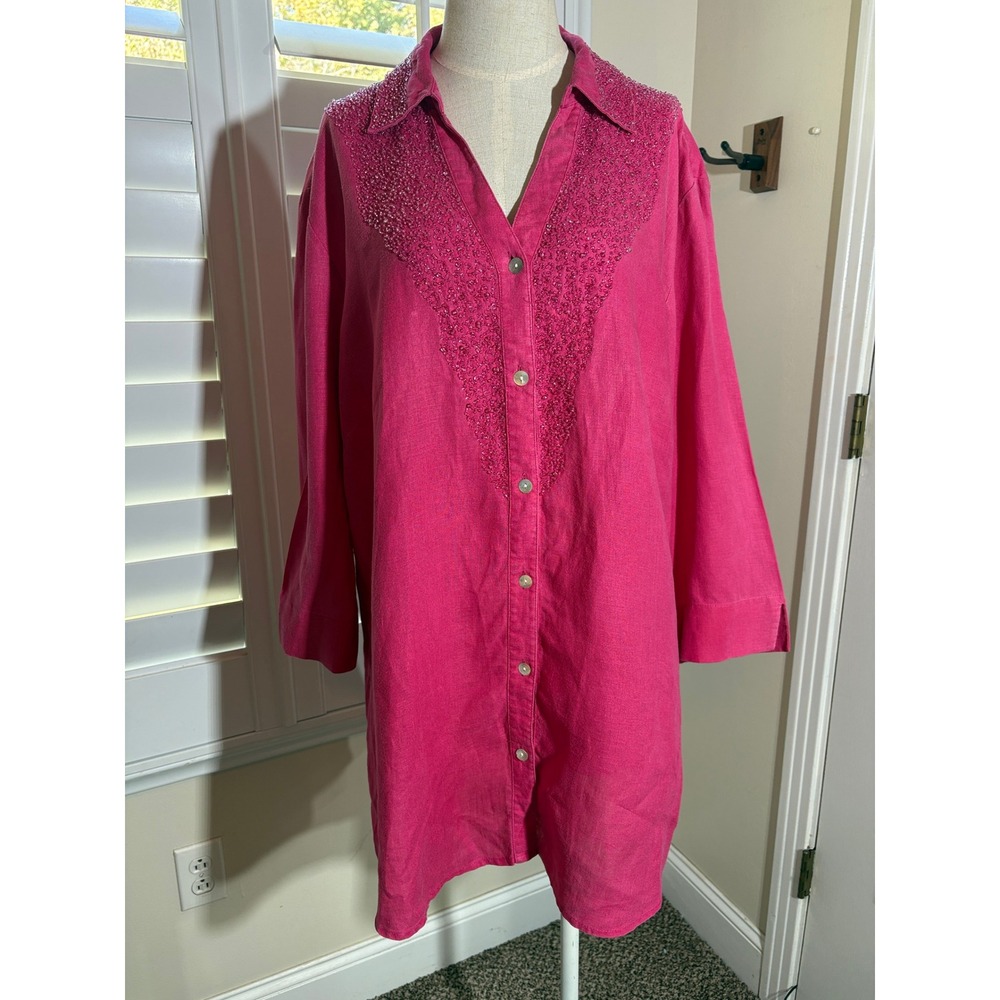 Chico's Boho Linen Button Down Shirt Sz 3 Magenta Pink Beaded Tunic Barbiecore